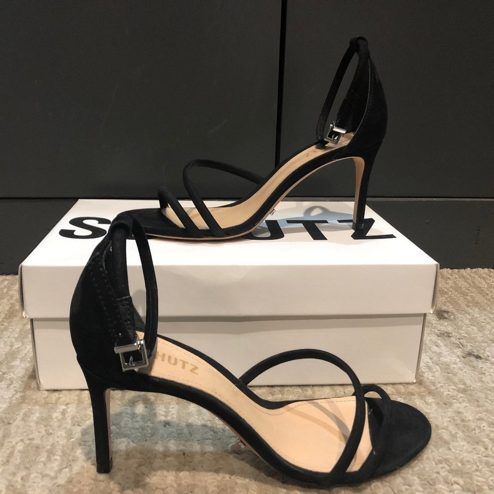 SCHUTZ-JEINNA BLACK SUEDE STRAPPY HEELS
